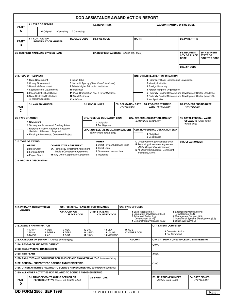 DD Form 2566 DoD Assistance Award Action Report, Page 1
