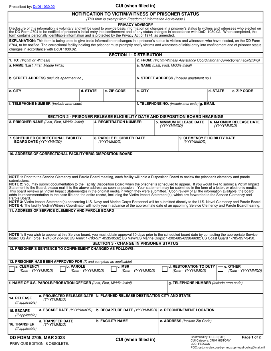 DD Form 2705 Notification to Victim / Witness of Prisoner Status, Page 1