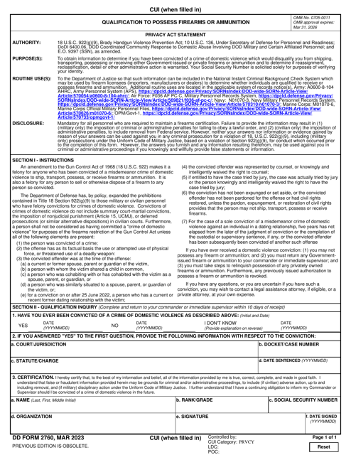 DD Form 2760 Qualification to Possess Firearms or Ammunition