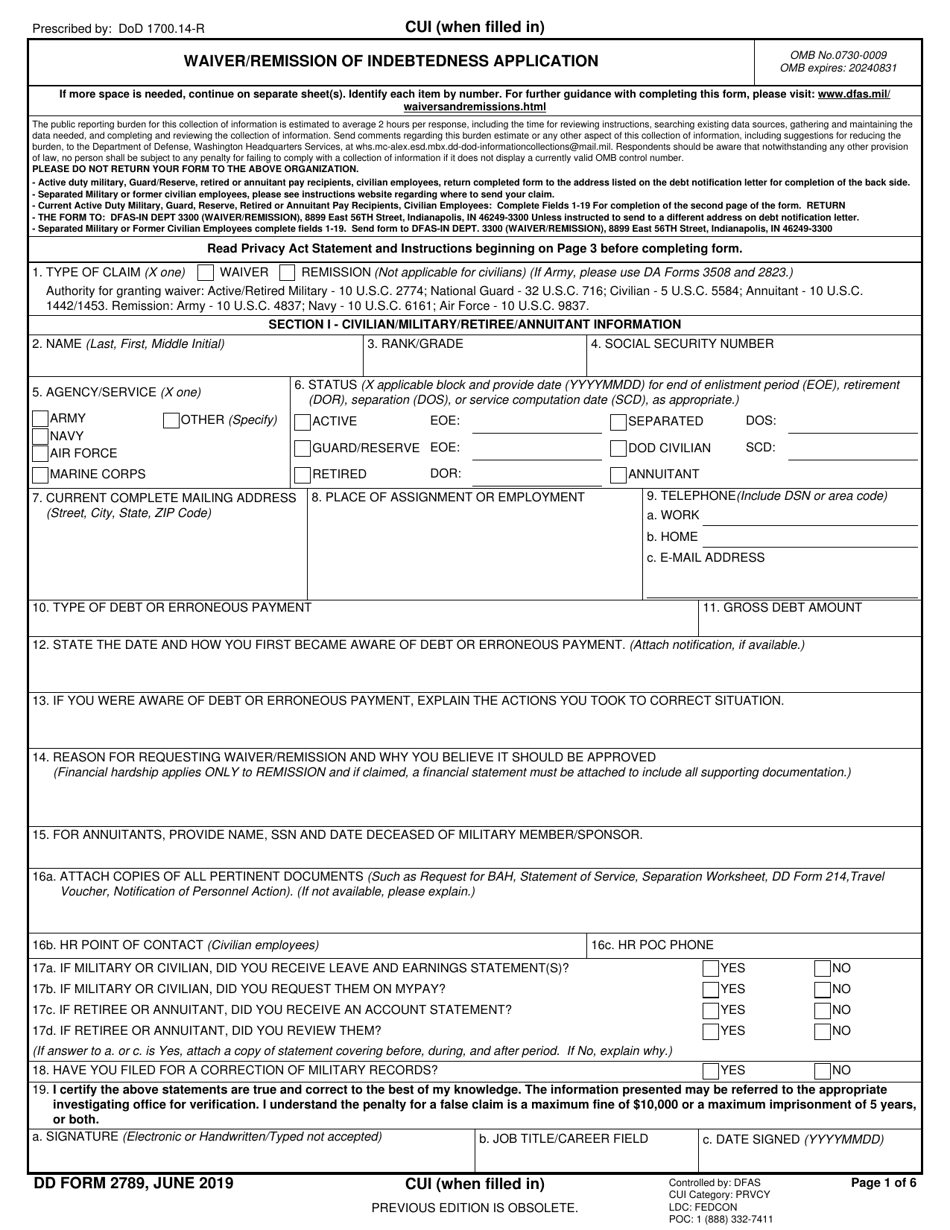 DD Form 2789 Waiver / Remission of Indebtedness Application, Page 1