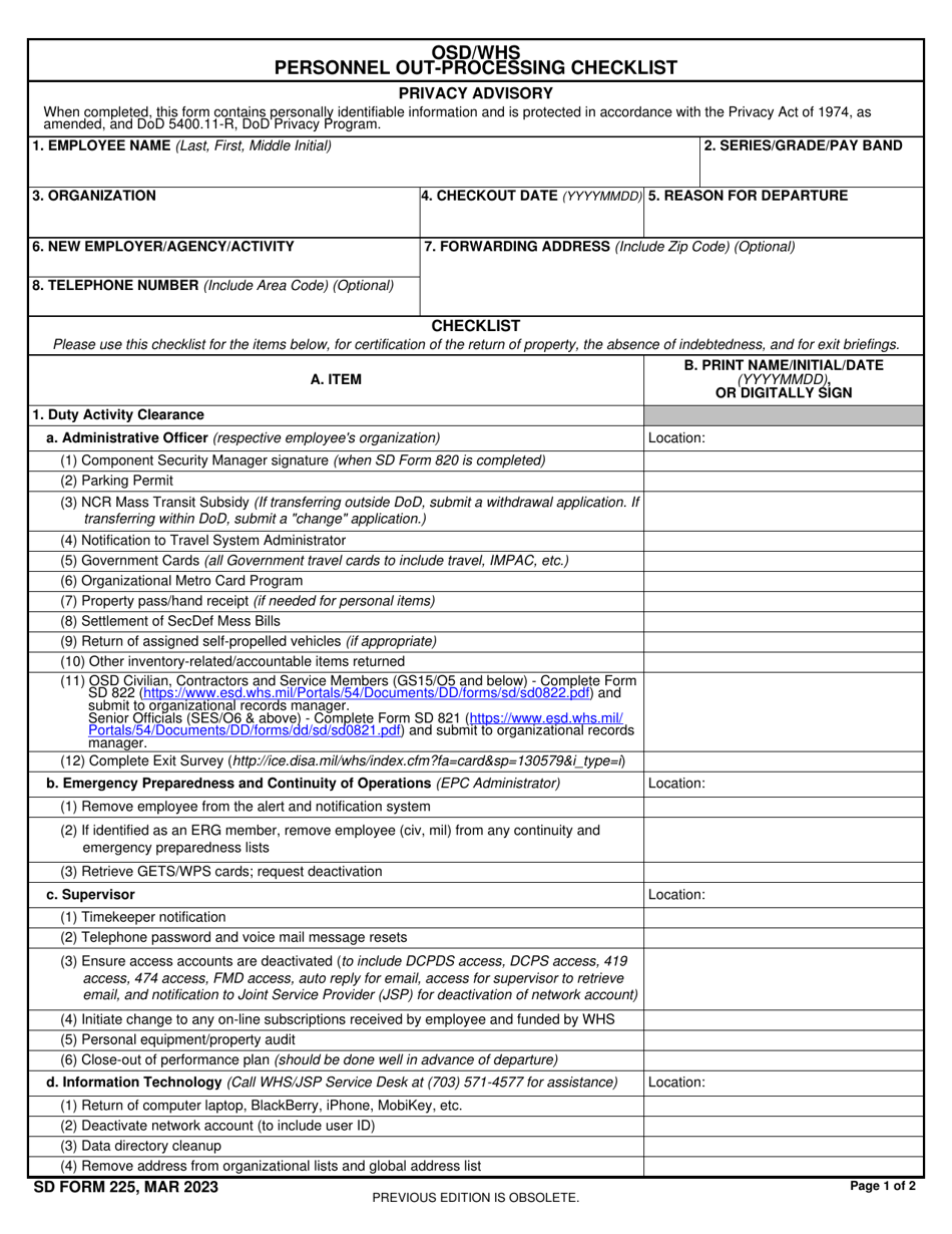 SD Form 225 Osd / WHS Personnel out-Processing Checklist, Page 1