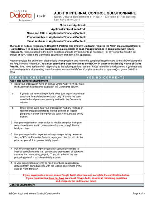 Audit & Internal Control Questionnaire - North Dakota Download Pdf