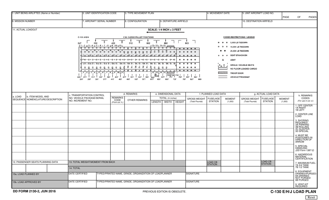 DD Form 2130-2 C-130 E/H/J Load Plan