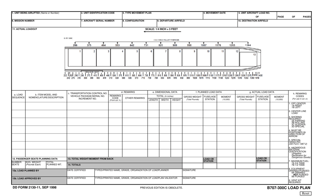 DD Form 2130-11 B707-300c Load Plan