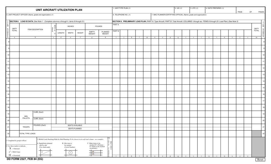 DD Form 2327 Unit Aircraft Utilization Plan, Page 1