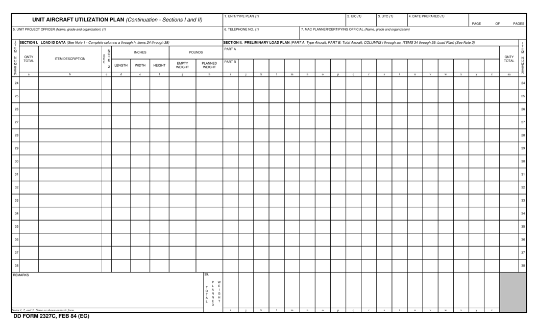 DD Form 2327C Unit Aircraft Utilization Plan (Continuation)
