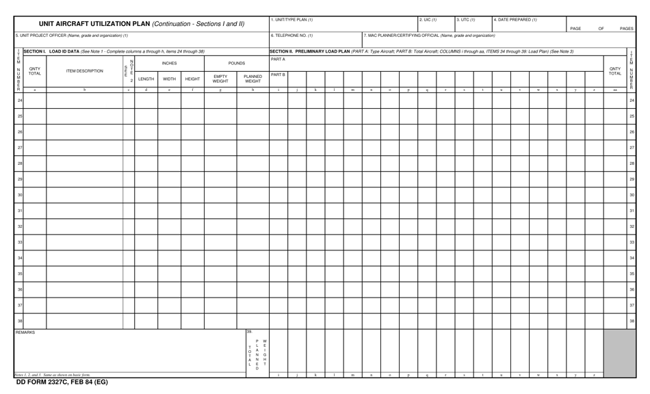 DD Form 2327C Unit Aircraft Utilization Plan (Continuation), Page 1