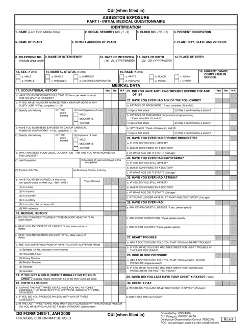 DD Form 2493-1 Part I Asbestos Exposure - Initial Medical Questionnaire