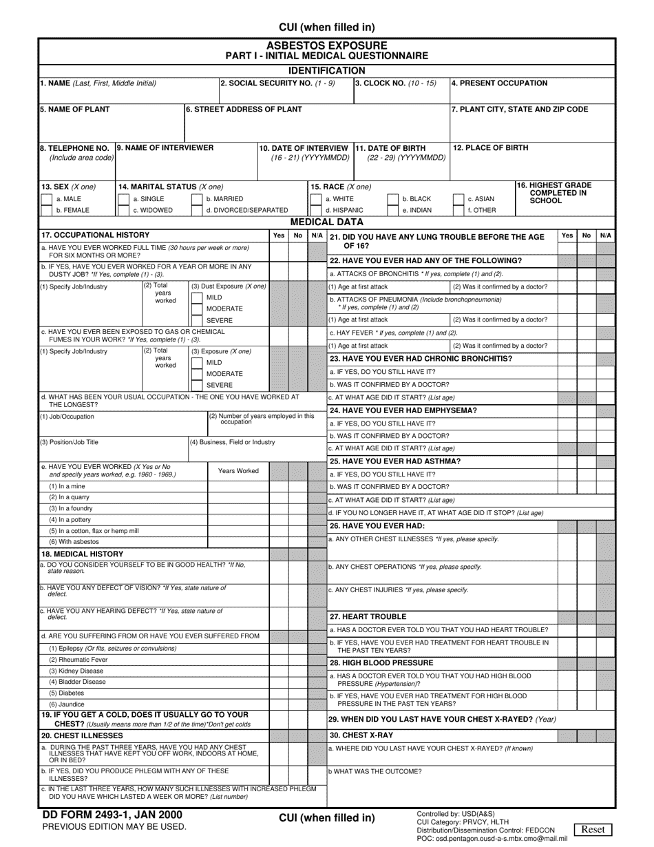 DD Form 2493-1 Part I Asbestos Exposure - Initial Medical Questionnaire, Page 1