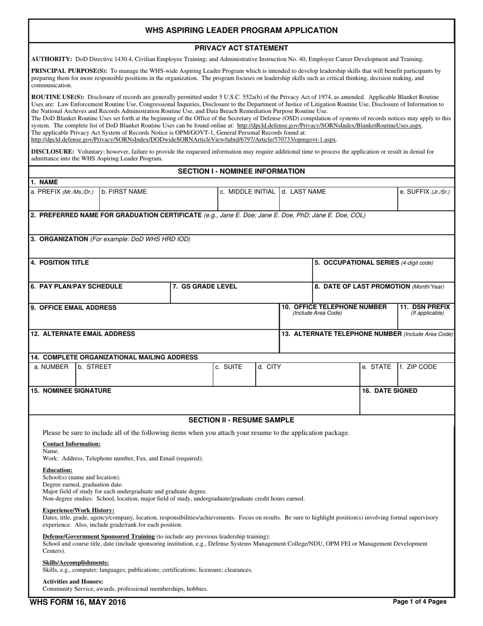 WHS Form 16 WHS Aspiring Leader Program Application, Page 1