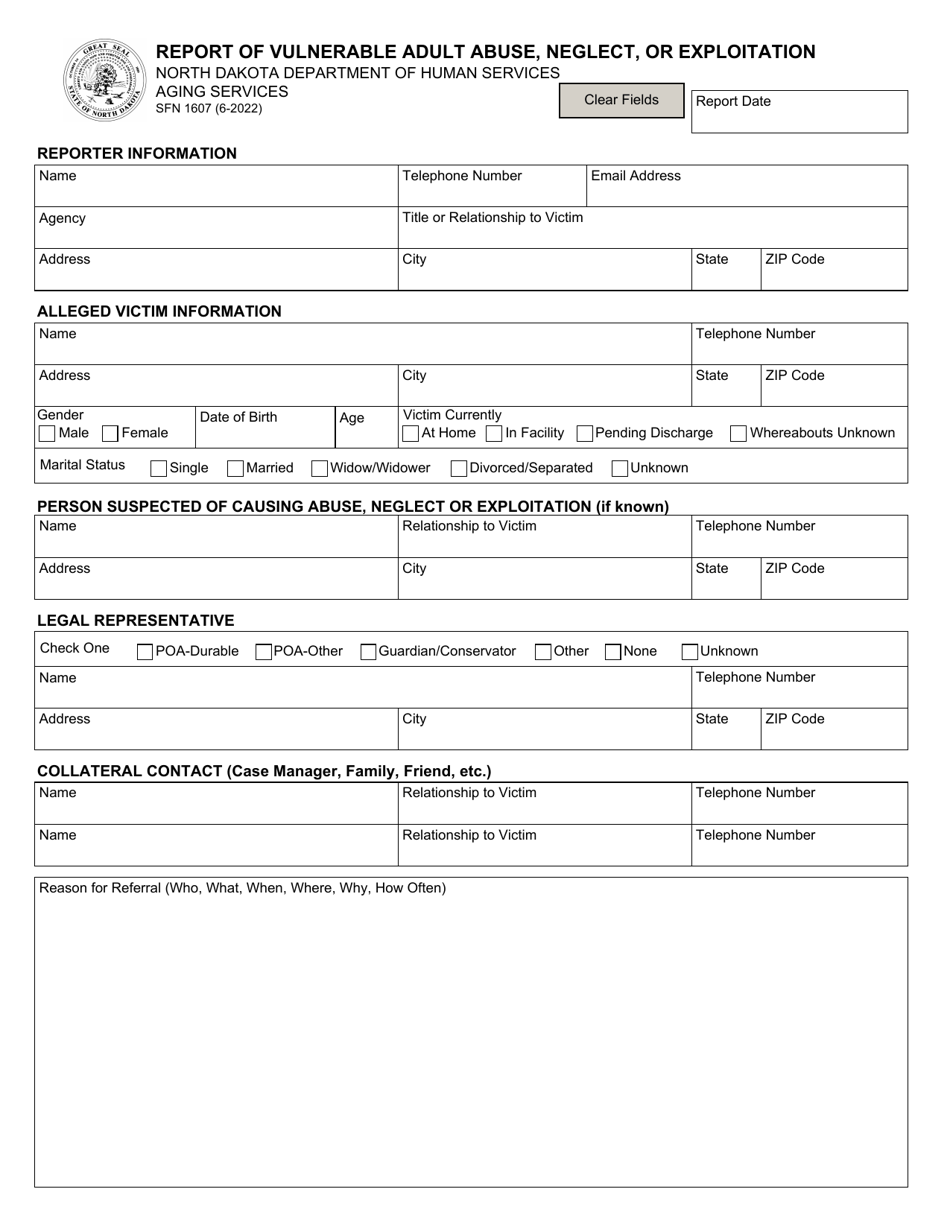 Form SFN1607 Report of Vulnerable Adult Abuse, Neglect, or Exploitation - North Dakota, Page 1