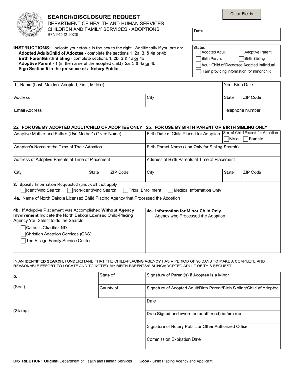 Form SFN940 Search / Disclosure Request - North Dakota, Page 1