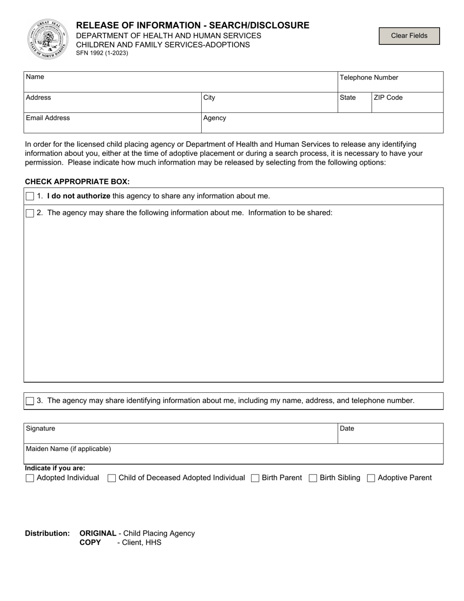 Form SFN1992 Release of Information - Search / Disclosure - North Dakota, Page 1