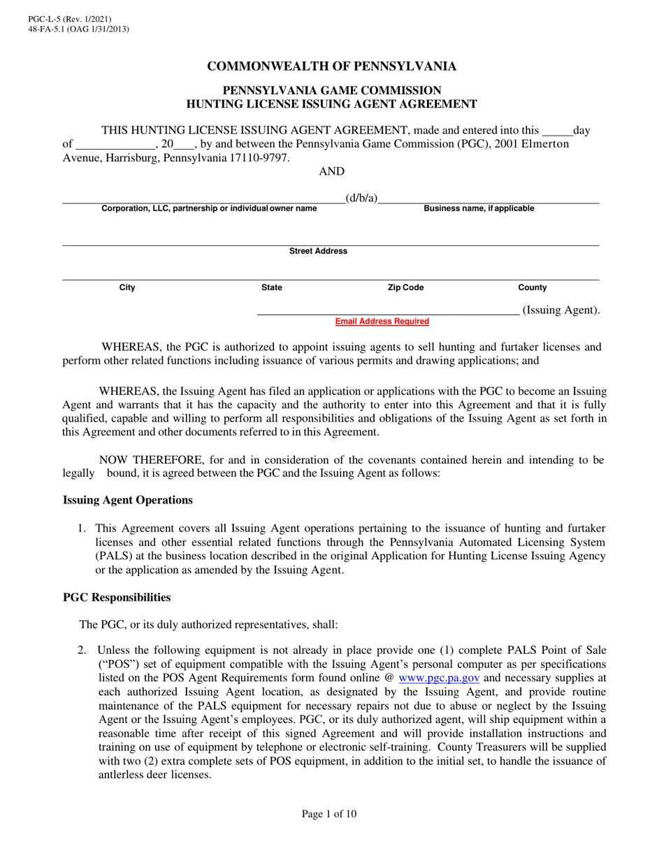 Form PGC-L-5 Hunting License Issuing Agent Agreement - Pennsylvania, Page 1