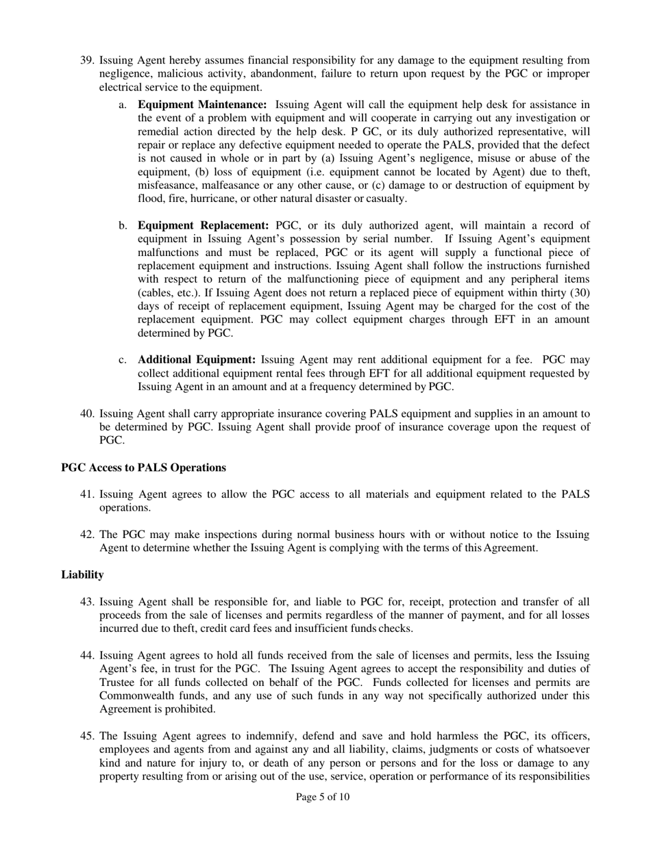 Form PGC-L-5 Hunting License Issuing Agent Agreement - Pennsylvania, Page 5