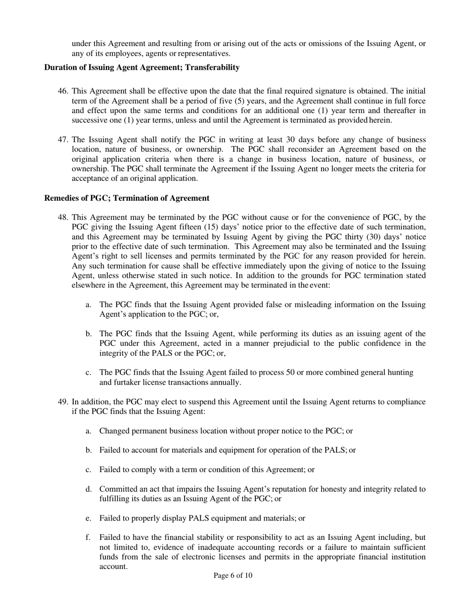 Form PGC-L-5 Hunting License Issuing Agent Agreement - Pennsylvania, Page 6