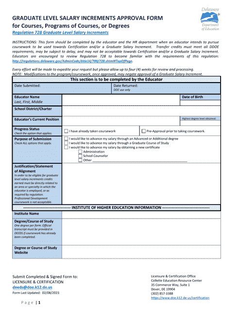 Graduate Level Salary Increments Approval Form for Courses, Programs of Courses, or Degrees - Delaware