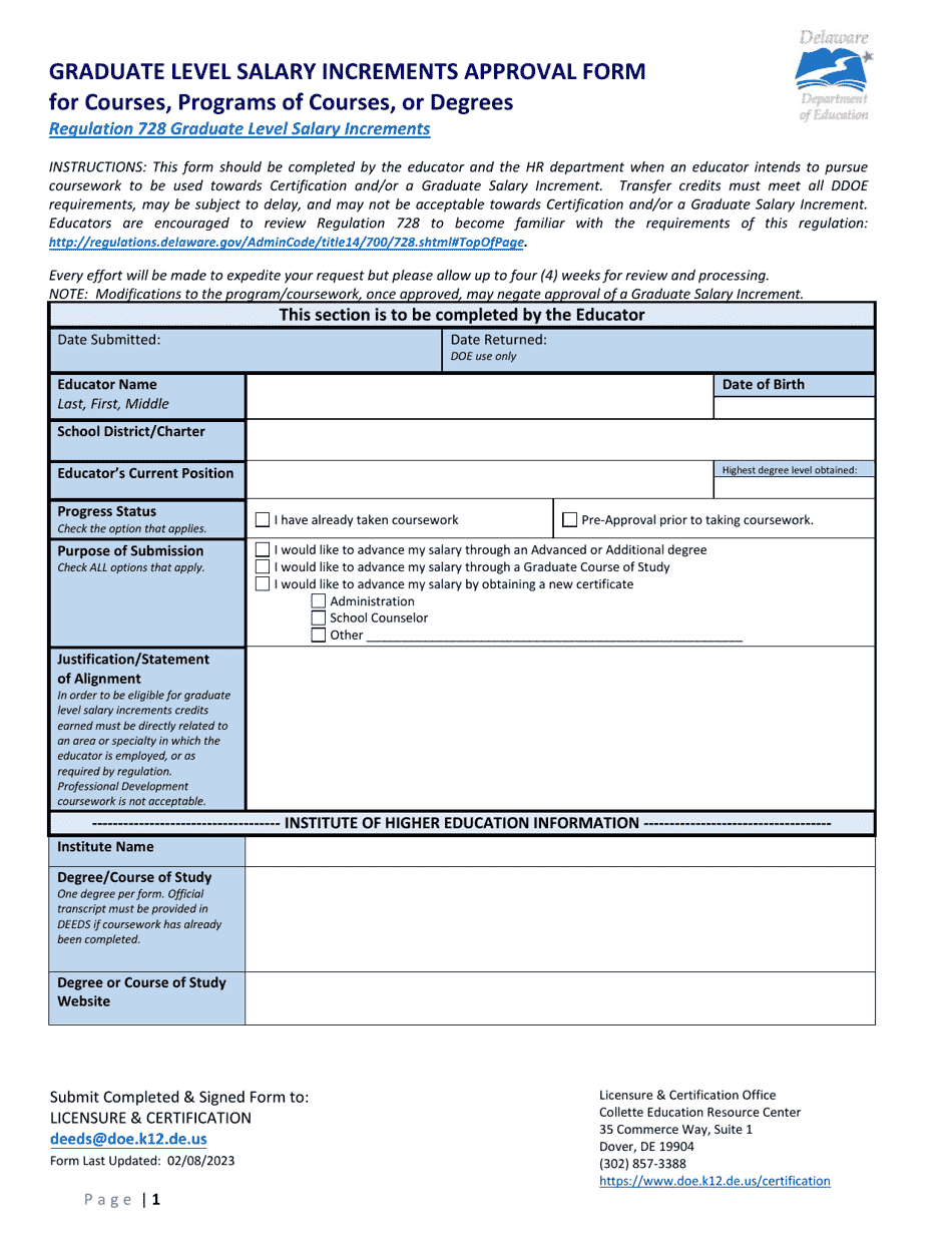 Graduate Level Salary Increments Approval Form for Courses, Programs of Courses, or Degrees - Delaware, Page 1