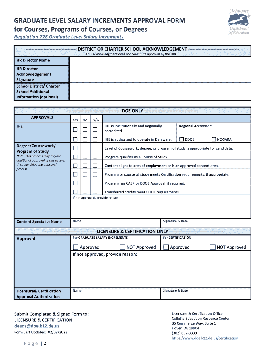 Graduate Level Salary Increments Approval Form for Courses, Programs of Courses, or Degrees - Delaware, Page 2