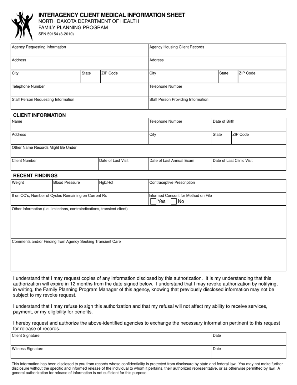 Form SFN59154 Interagency Client Medical Information Sheet - North Dakota, Page 1