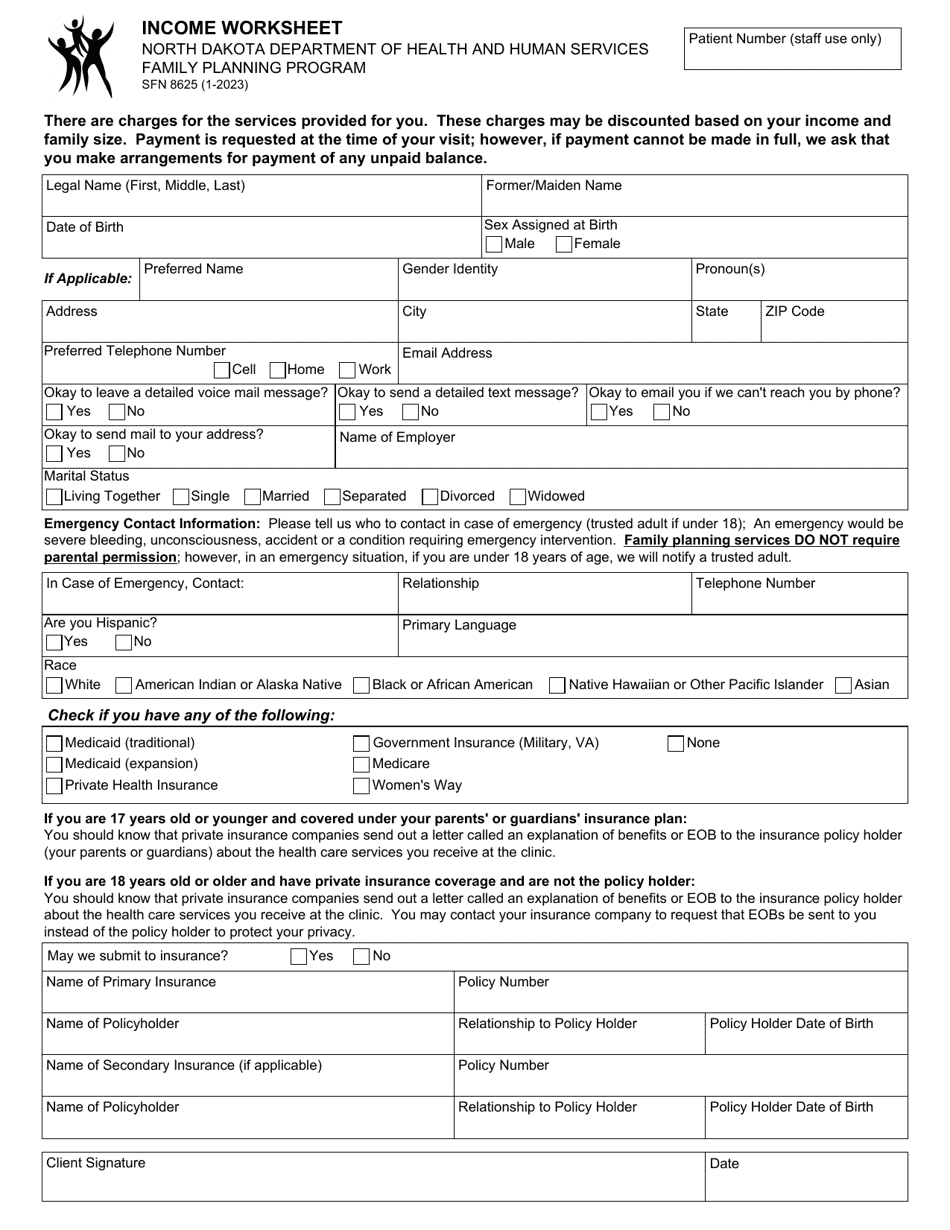 Form SFN8625 Income Worksheet - Family Planning Program - North Dakota, Page 1