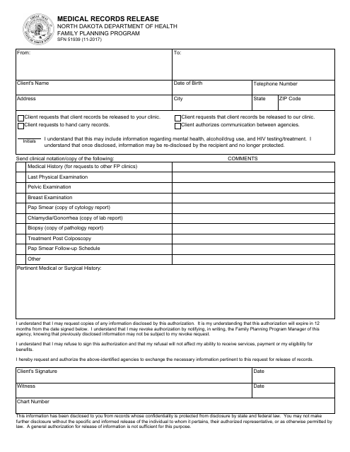 Form SFN51939 Medical Records Release - North Dakota