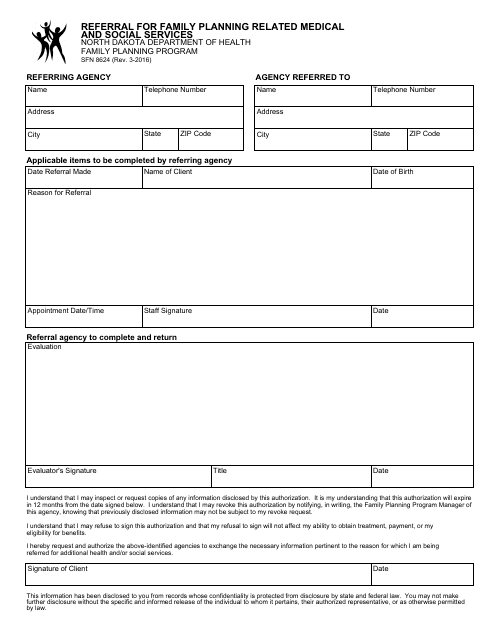Form SFN8624 Referral for Family Planning Related Medical and Social Services - North Dakota