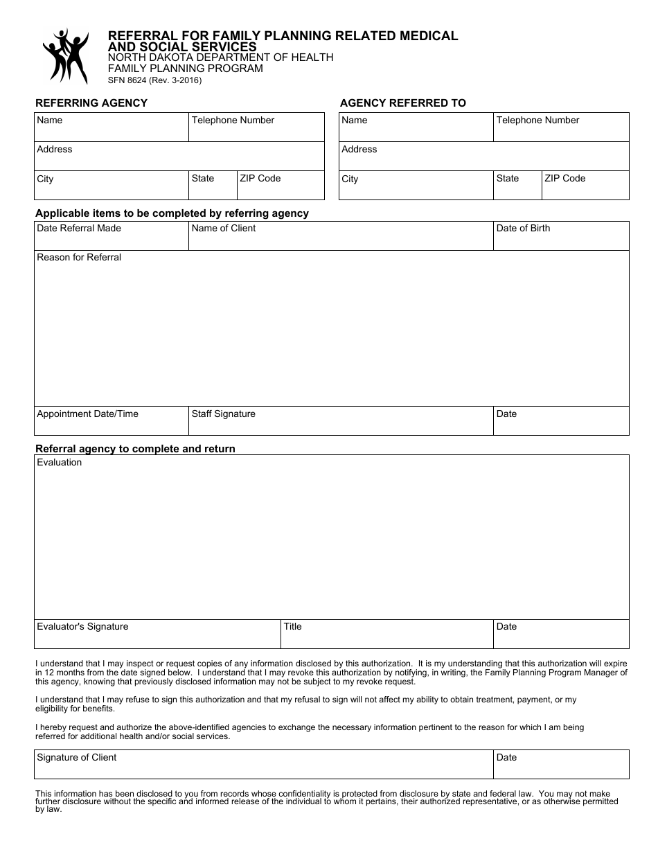 Form SFN8624 Referral for Family Planning Related Medical and Social Services - North Dakota, Page 1