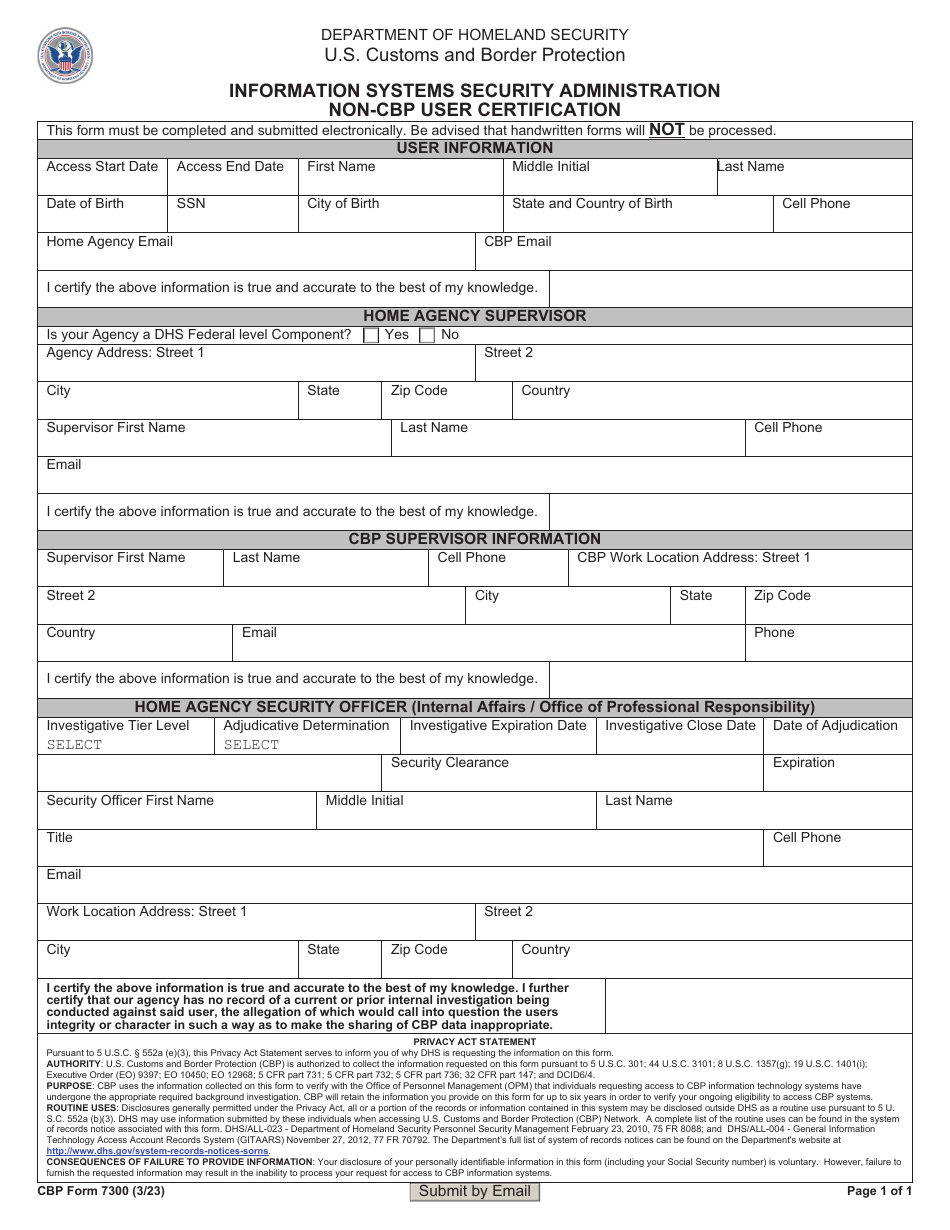 CBP Form 7300 Information Systems Security Administration Non-CBP User Certification, Page 1