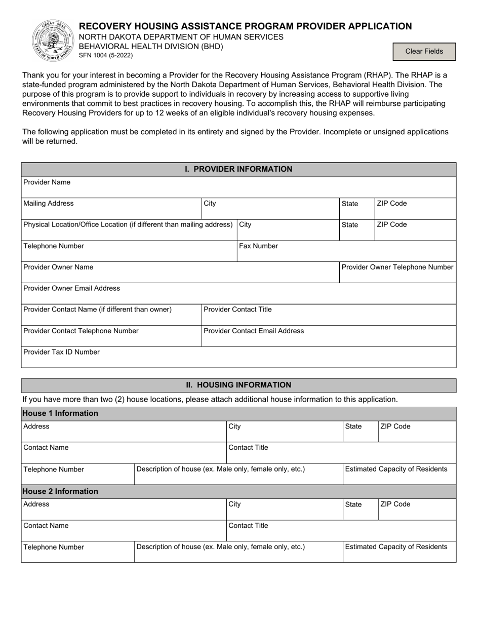 Form SFN1004 Recovery Housing Assistance Program Provider Application - North Dakota, Page 1