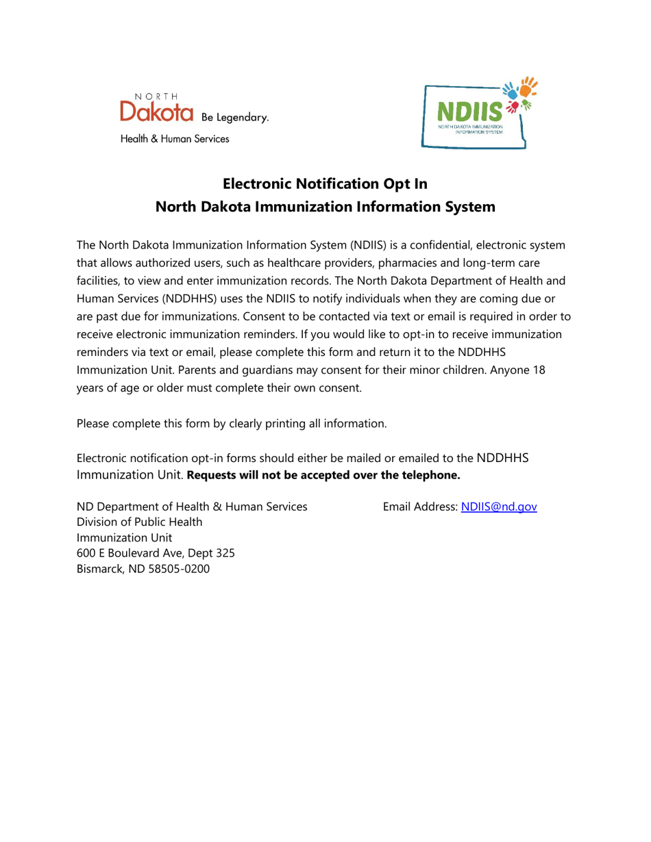 North Dakota Immunization Information System (Ndiis) Electronic Notification Opt-In - North Dakota, Page 1