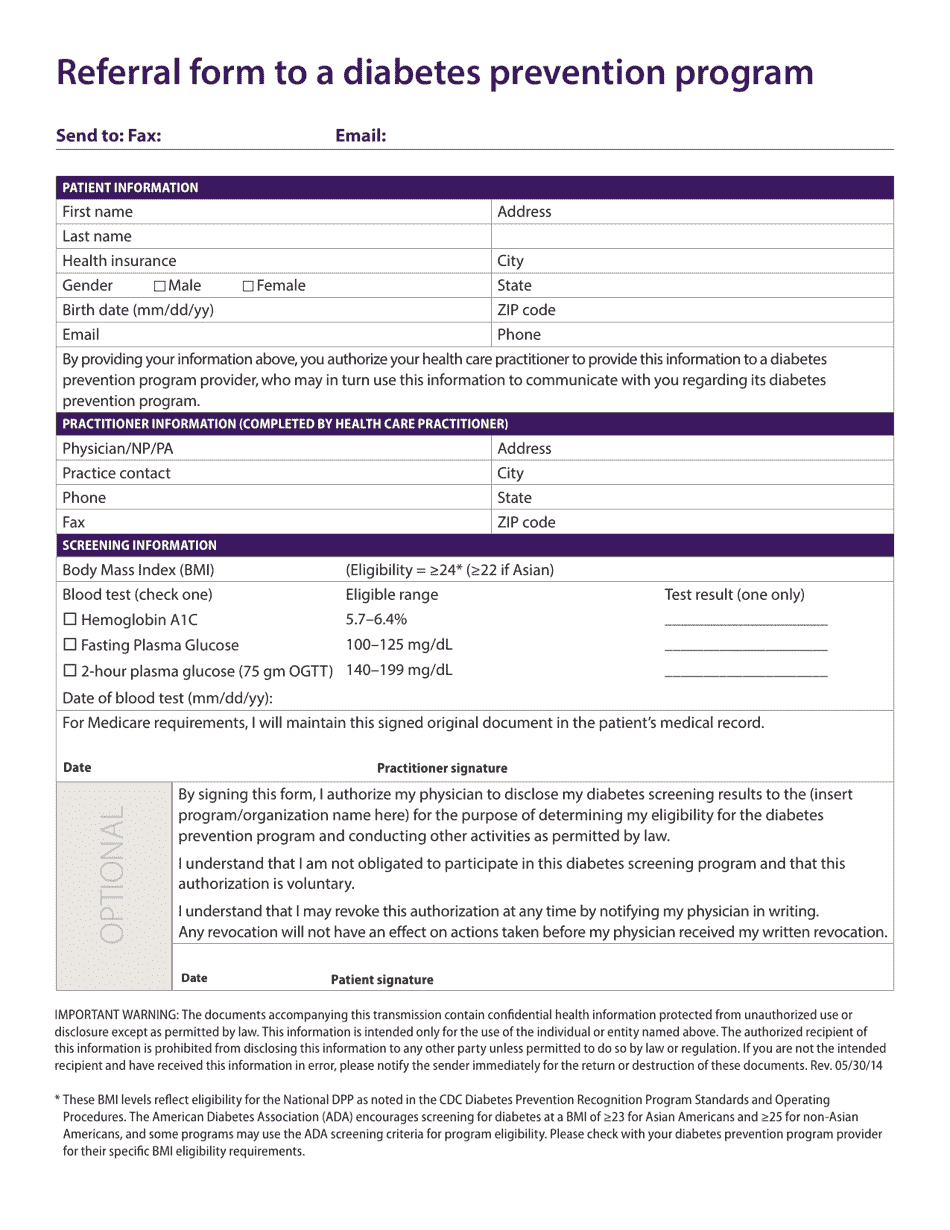 Referral Form to a Diabetes Prevention Program - North Dakota, Page 1