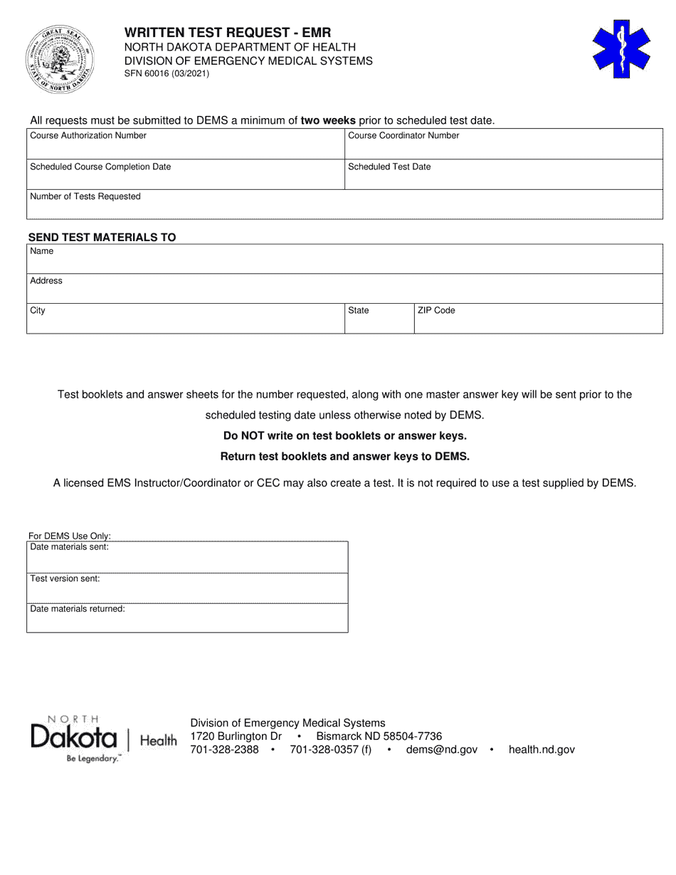 Form SFN60016 Written Test Request - Emr - North Dakota, Page 1