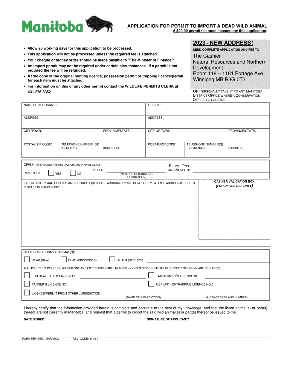 Application for Permit to Import a Dead Wild Animal - Manitoba, Canada, Page 1