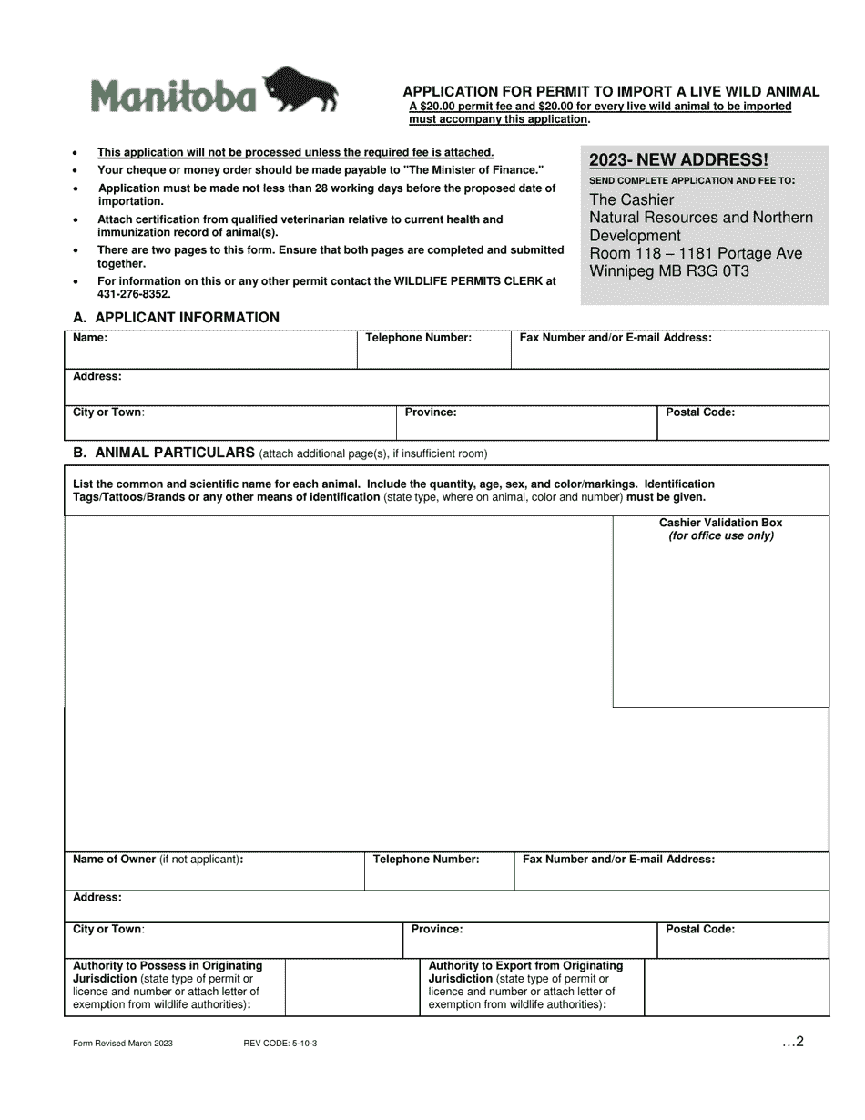 Application for Permit to Import a Live Wild Animal - Manitoba, Canada, Page 1