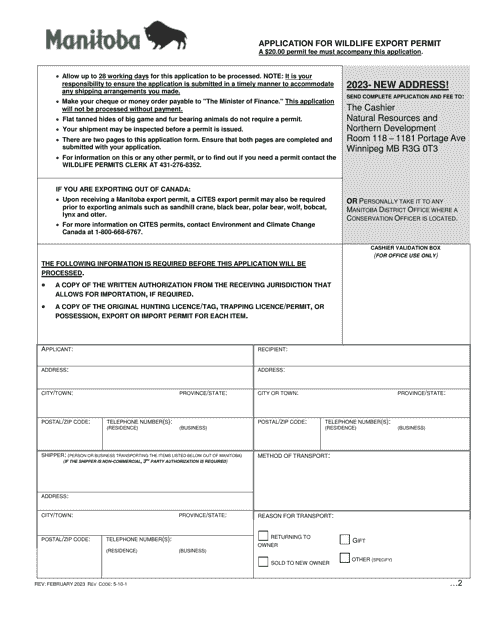 Application for Wildlife Export Permit - Manitoba, Canada Download Pdf