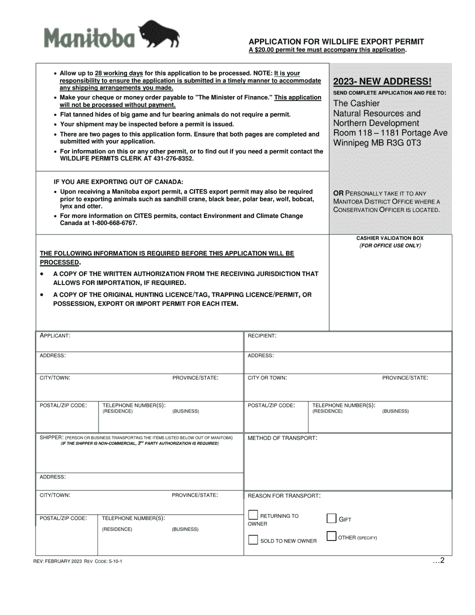 Application for Wildlife Export Permit - Manitoba, Canada, Page 1