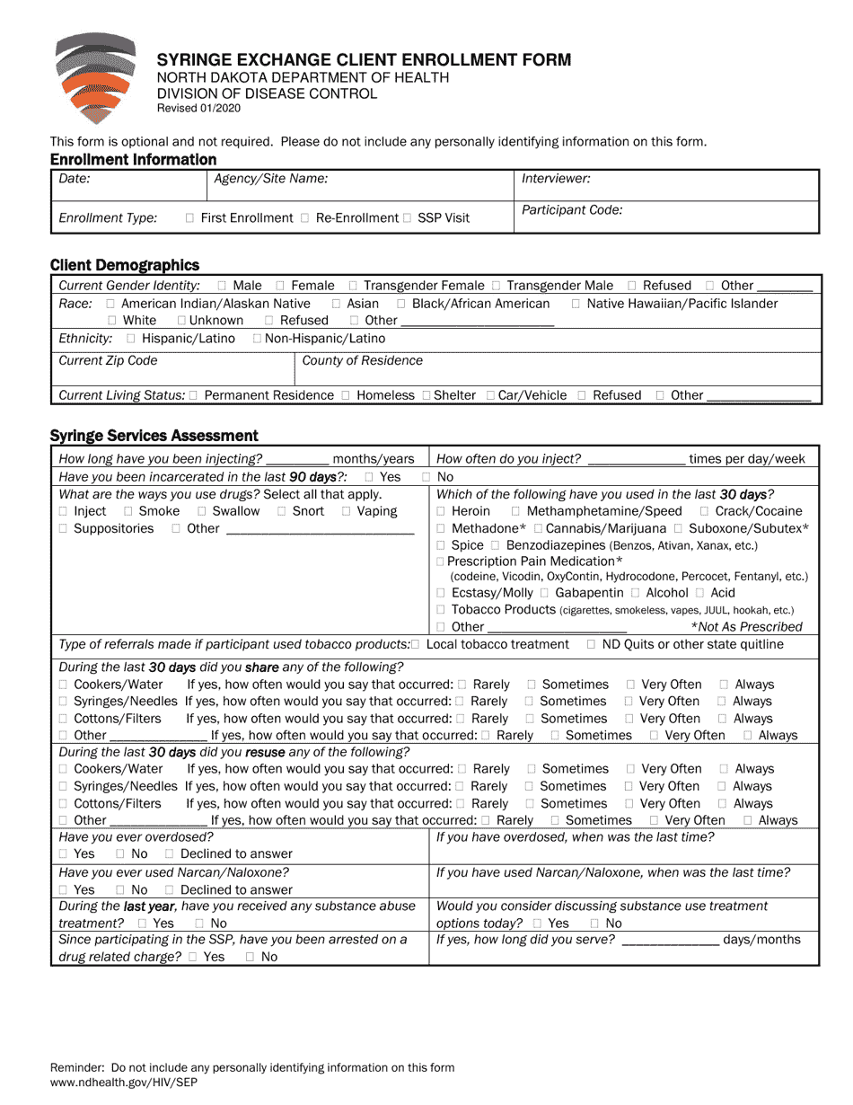 Syringe Exchange Client Enrollment Form - North Dakota, Page 1