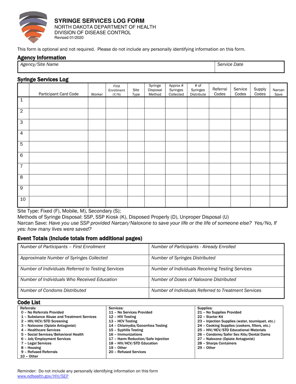 North Dakota Syringe Services Log Form - Fill Out, Sign Online and ...