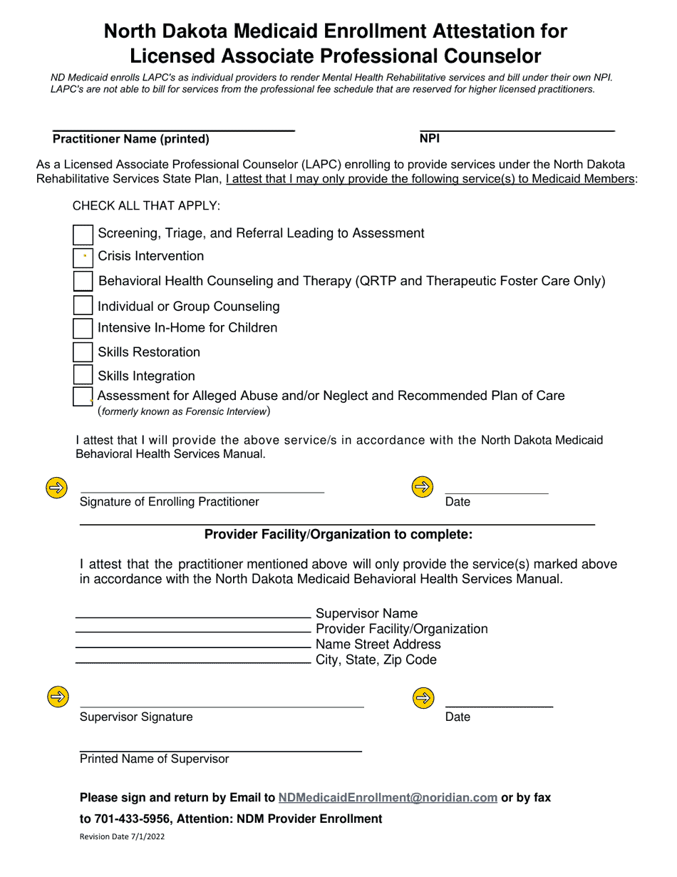Medicaid Enrollment Attestation for Licensed Associate Professional Counselor - North Dakota, Page 1