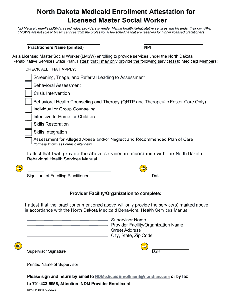 Medicaid Enrollment Attestation for Licensed Master Social Worker - North Dakota, Page 1