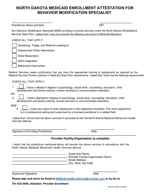 Medicaid Enrollment Attestation for Behavior Modification Specialist - North Dakota Download Pdf