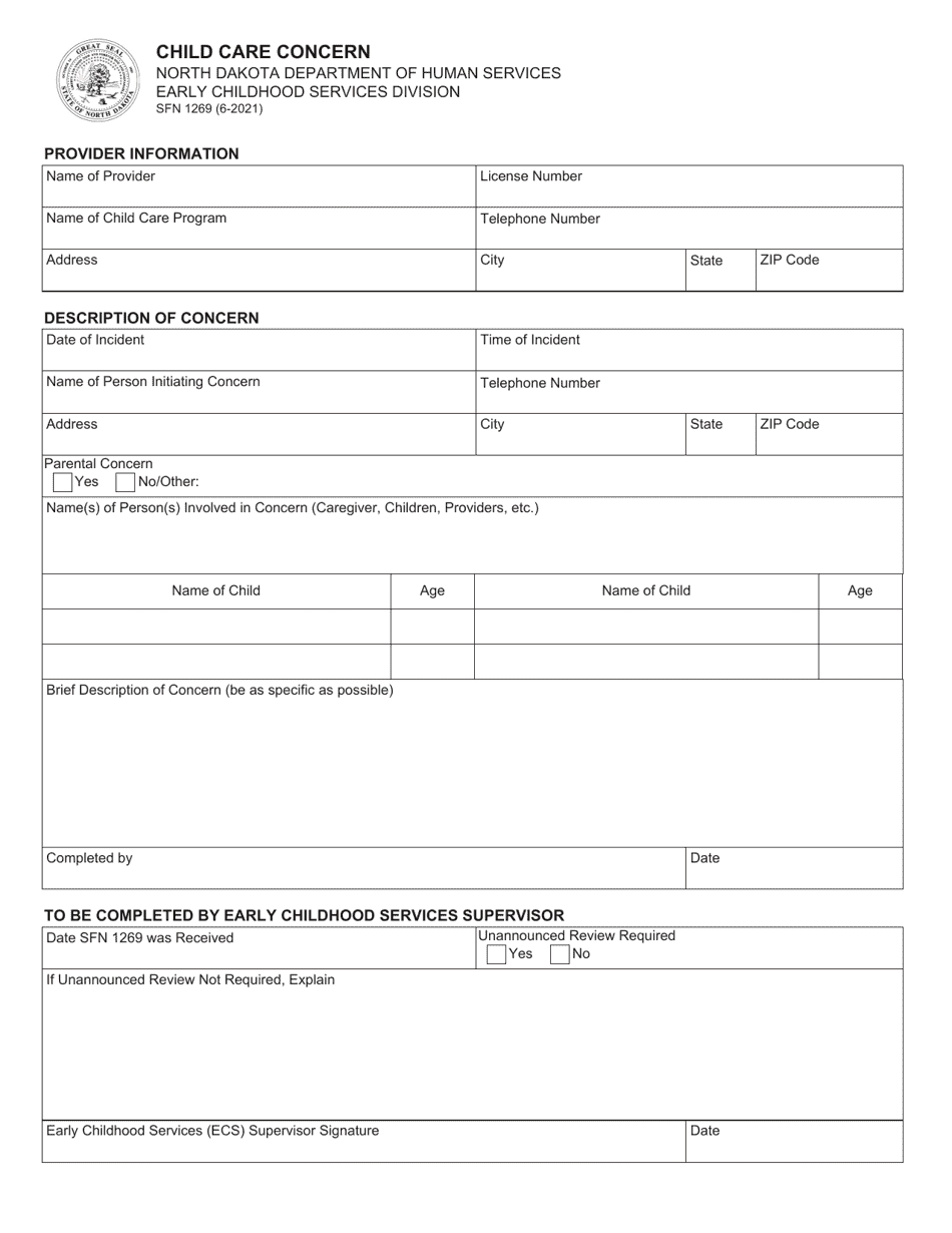 Form SFN1269 Child Care Concern - North Dakota, Page 1