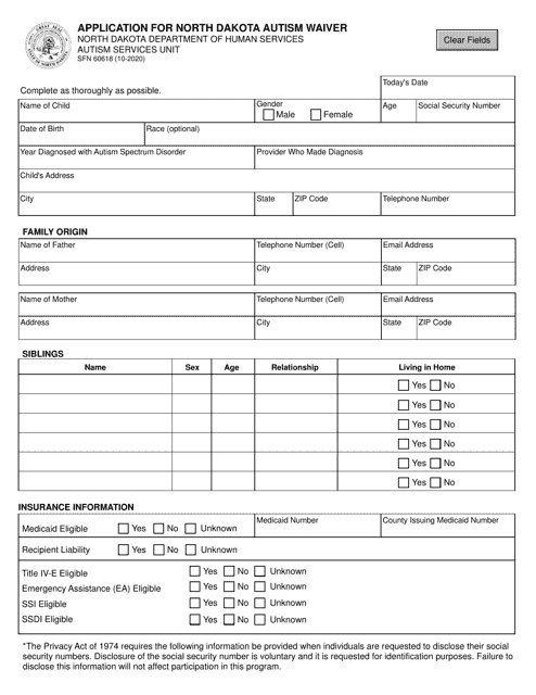 Form SFN60618 Application for North Dakota Autism Waiver - North Dakota