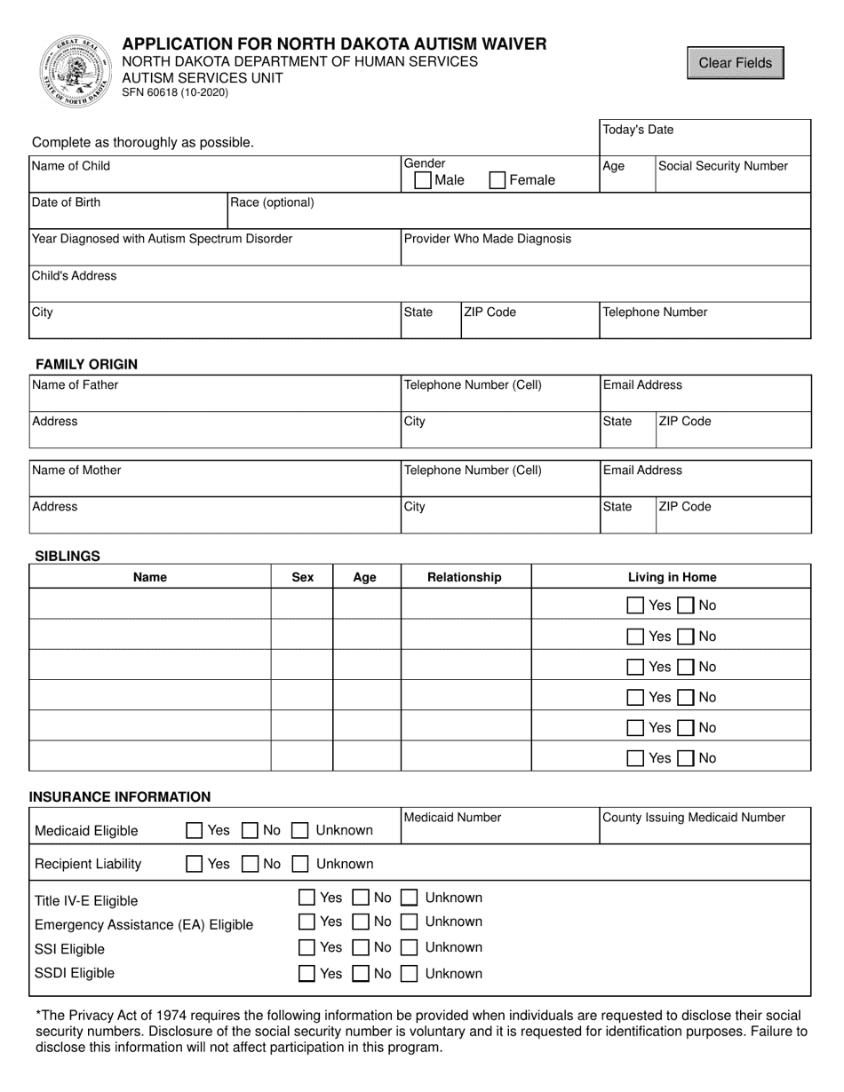 Form SFN60618 Application for North Dakota Autism Waiver - North Dakota, Page 1