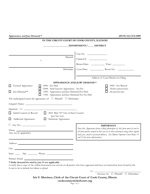 Form CCG0009 Appearance and Jury Demand - Cook County, Illinois
