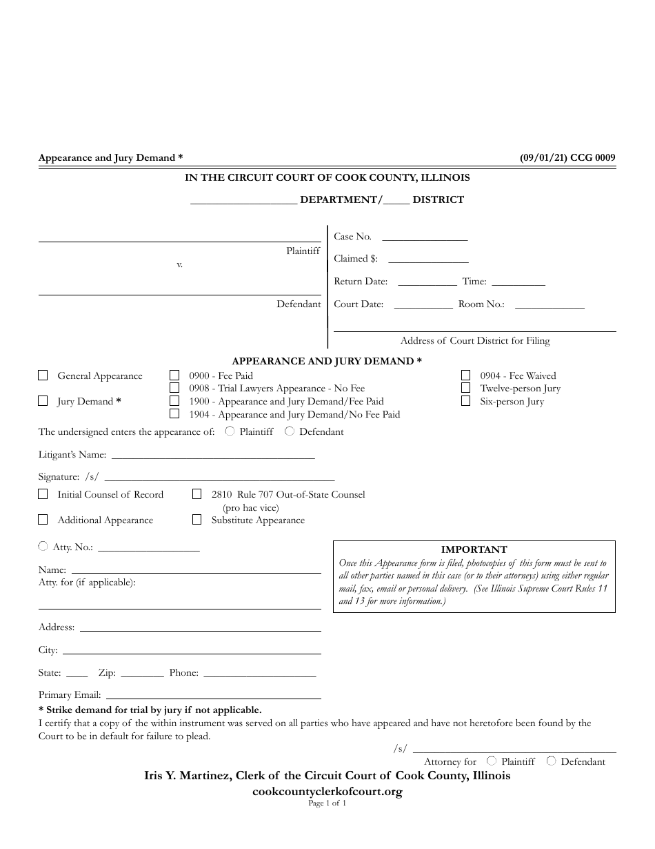 Form CCG0009 Appearance and Jury Demand - Cook County, Illinois, Page 1