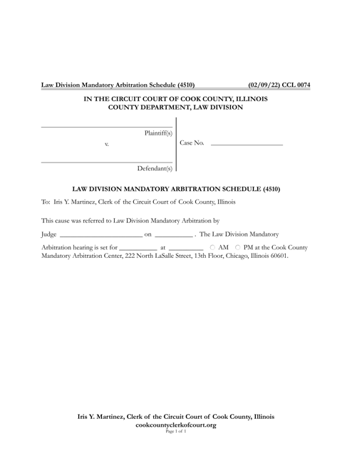 Form CCL0074 Law Division Mandatory Arbitration Schedule - Cook County, Illinois