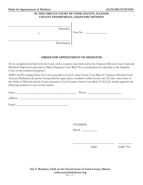 Form CCCH0134 Order for Appointment of Mediator - Cook County, Illinois