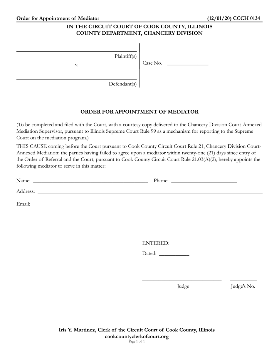 Form CCCH0134 Order for Appointment of Mediator - Cook County, Illinois, Page 1